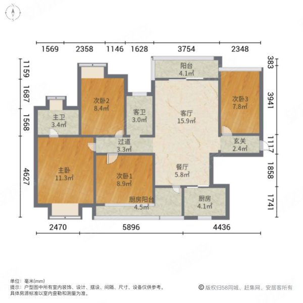 新世纪上河居4室2厅2卫107.61㎡南北165万