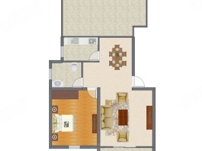 1室2厅 90.84平米户型图