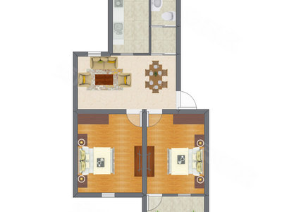 2室1厅 52.66平米户型图