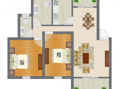 2室2厅 62.56平米户型图