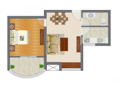 1室2厅 44.61平米户型图