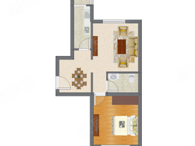 1室2厅 38.16平米户型图