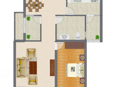 1室2厅 63.87平米户型图