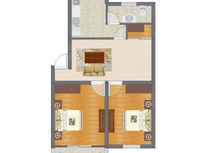 2室1厅 57.55平米户型图