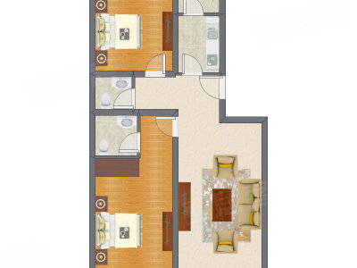 2室1厅 64.44平米户型图
