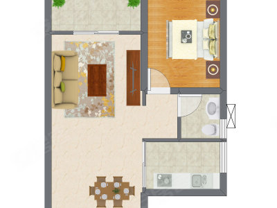 1室2厅 48.24平米户型图
