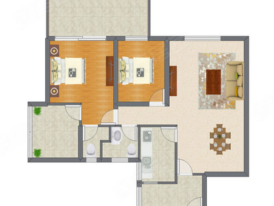 2室1厅 88.77平米户型图