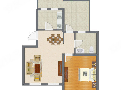 1室2厅 60.61平米户型图