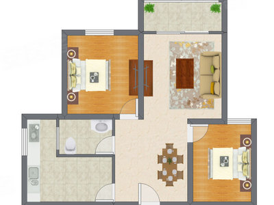 2室2厅 60.98平米户型图