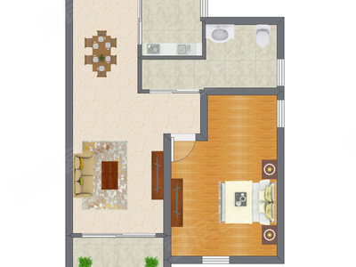 1室2厅 64.40平米户型图