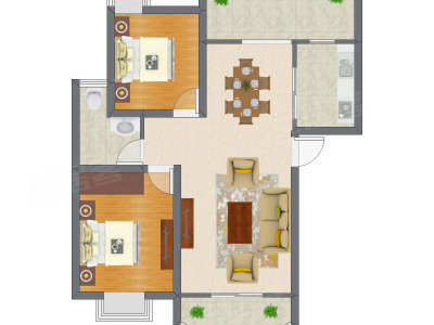 2室2厅 88.47平米户型图
