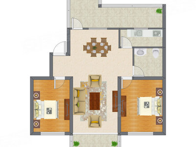 2室2厅 92.41平米户型图
