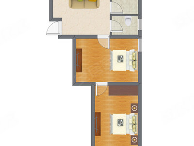 2室1厅 61.63平米户型图