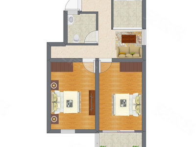 2室1厅 44.76平米户型图