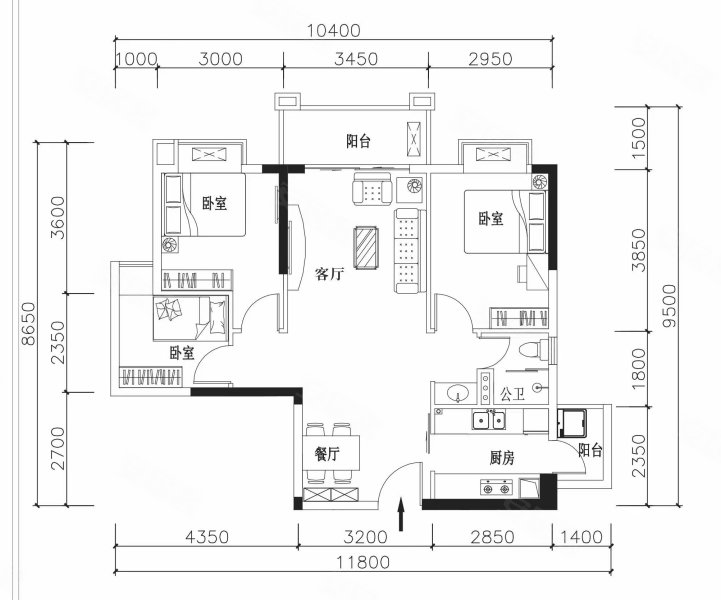 众筑中央悦府3室2厅1卫88.36㎡南141万