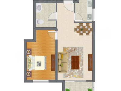 1室2厅 64.15平米户型图