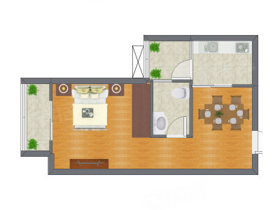1室1厅 46.74平米户型图
