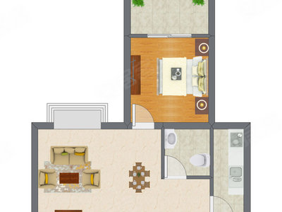 1室2厅 37.11平米户型图