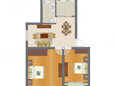 2室1厅 51.65平米户型图