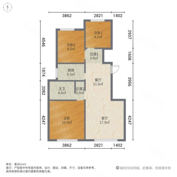 金科天湖南苑3室2厅1卫100㎡南北156万