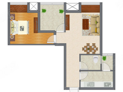 1室2厅 63.89平米户型图