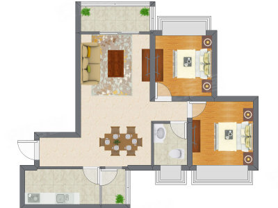 2室2厅 77.43平米户型图