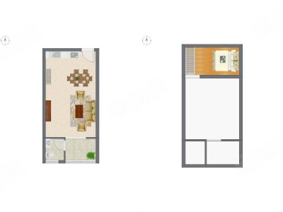 1室2厅 43.63平米户型图