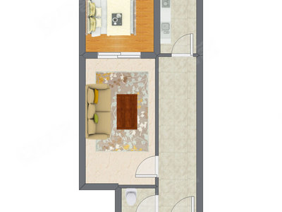1室1厅 34.47平米户型图