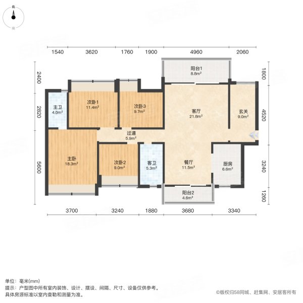 天誉虹悦19254室2厅2卫118.99㎡南北148万