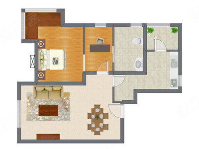 1室2厅 92.38平米户型图
