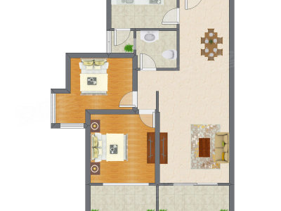 2室2厅 90.66平米户型图