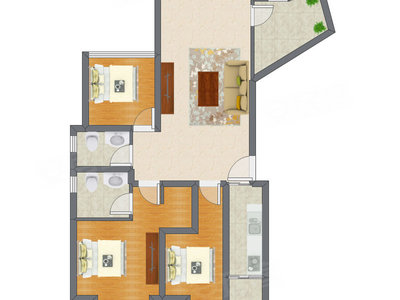 3室1厅 87.32平米户型图