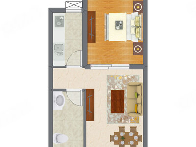 1室2厅 47.76平米户型图