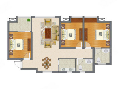 3室2厅 90.59平米户型图