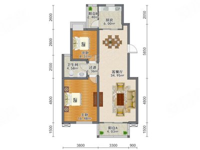 2室2厅 105.61平米户型图