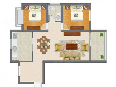 2室2厅 77.01平米户型图