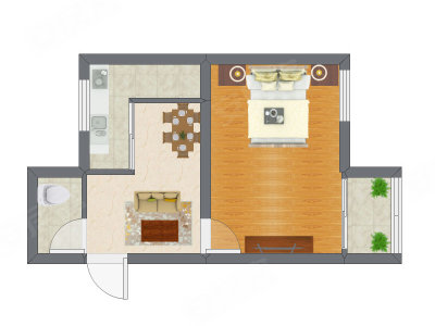 1室2厅 27.37平米户型图