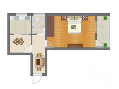 1室2厅 36.44平米户型图