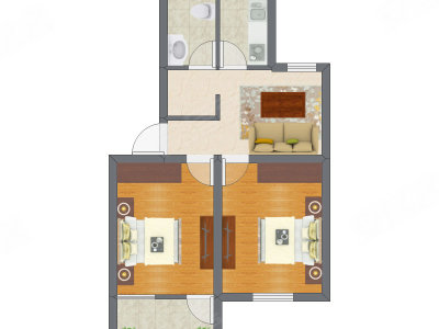 2室1厅 44.41平米户型图