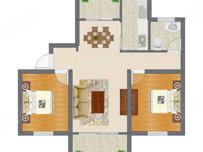 2室2厅 61.23平米户型图
