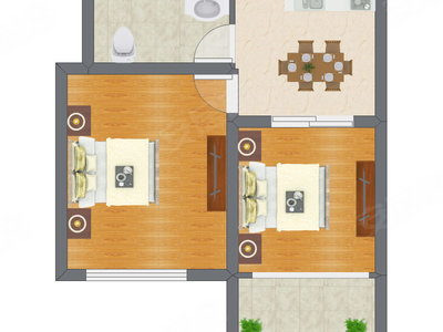2室1厅 37.38平米户型图