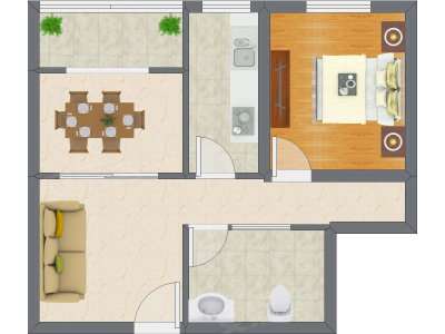 1室2厅 66.37平米户型图