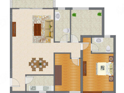 1室2厅 92.34平米户型图