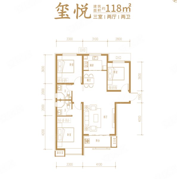 海山华府3室2厅2卫118㎡南北112万