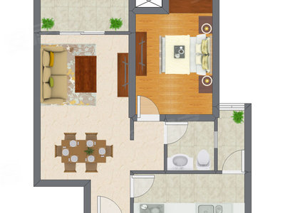 1室2厅 64.47平米户型图