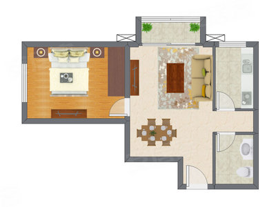 1室2厅 45.44平米户型图