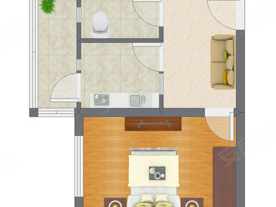 1室1厅 38.29平米户型图