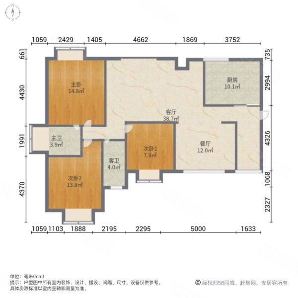 万基金蓝湾3室2厅2卫89㎡南北55万