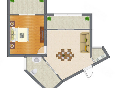 1室2厅 60.05平米户型图