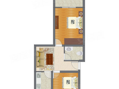 2室1厅 44.38平米户型图
